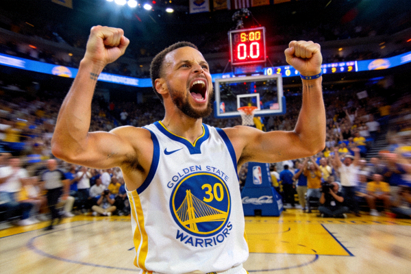NBA季后赛库里在最后时刻命中绝杀三分球后的庆祝画面