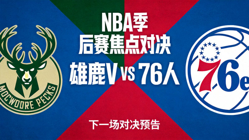 NBA季后赛下一场焦点对决预告图，雄鹿与76人队徽对峙