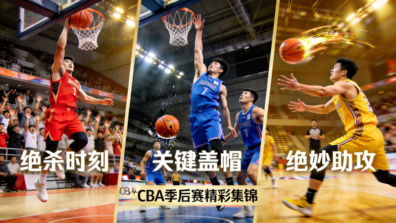 CBA季后赛精彩集锦画面，包含绝杀、盖帽、妙传等多个高光时刻