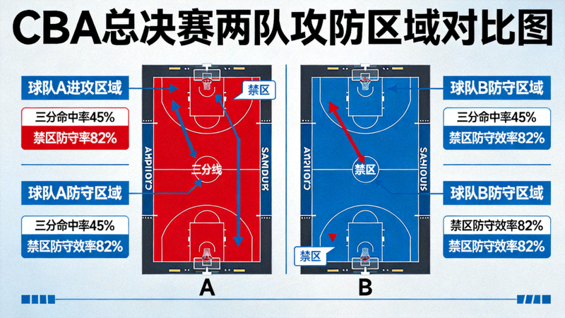 CBA总决赛战术分析图，展示两队攻防区域对比