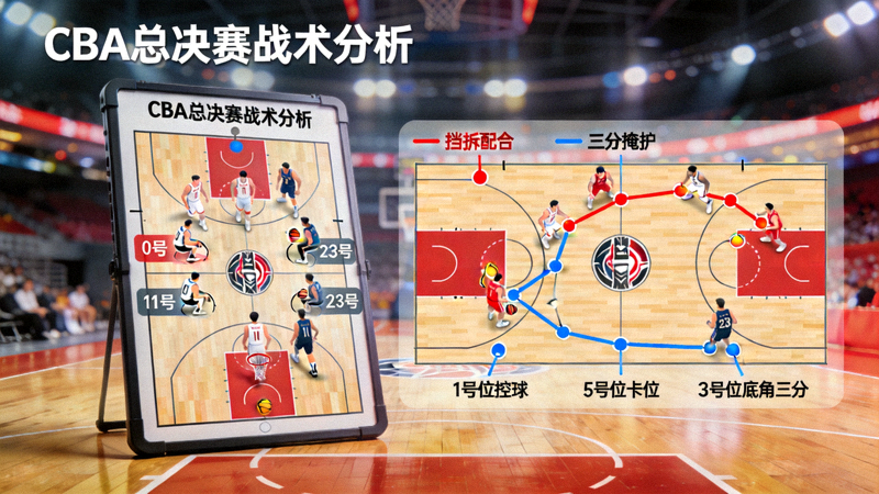 CBA总决赛战术分析视角，画面包含球场战术示意图和实时跑位