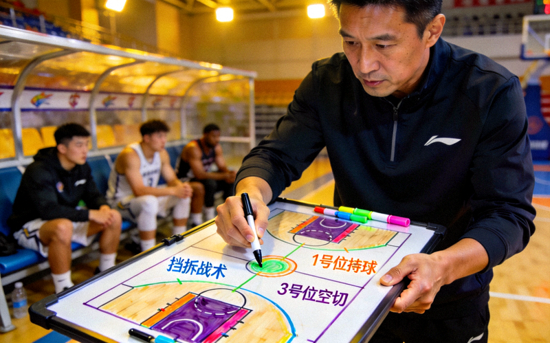 NBA季后赛战术分析图示，教练在战术板上布置战术的场景